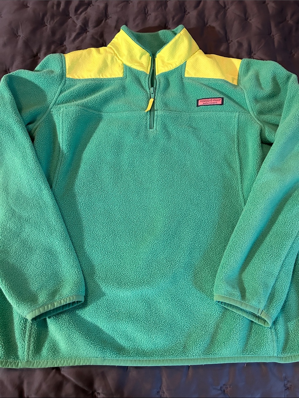 Vineyard Vines Green Fleece Quarter-Zip with Yellow Shoulder Panels